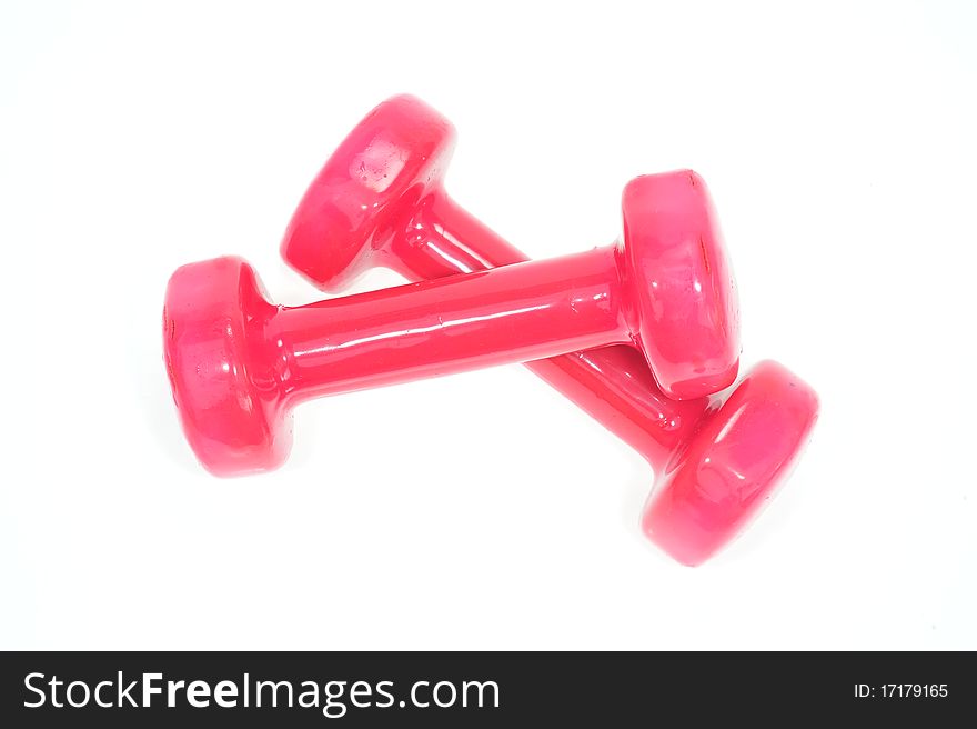 A Pair Of Pink Dumbbells On White background