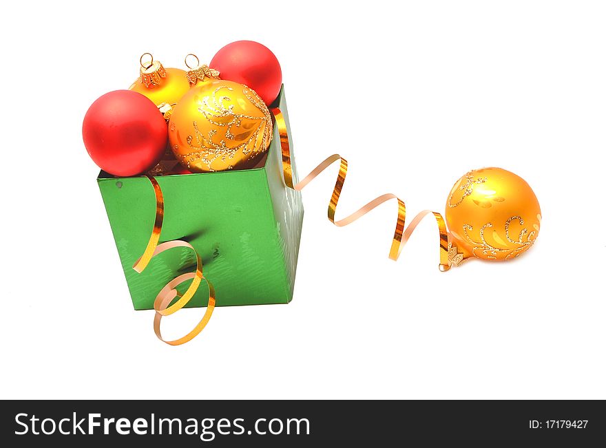 Christmas decoration yellow and red balls in gift box