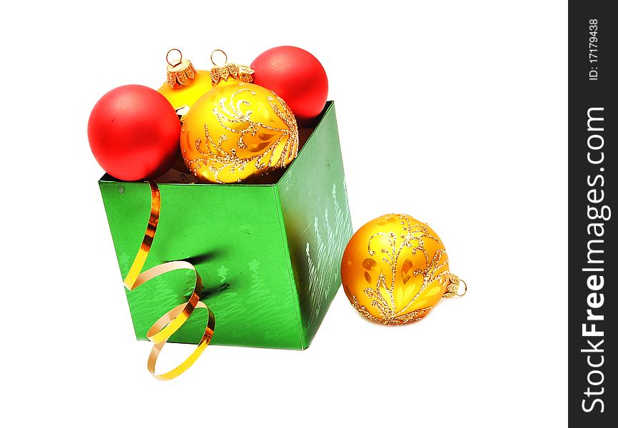 Christmas decoration yellow and red balls in gift box