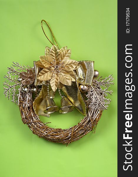 Christmas golden door garland over green textured background. Christmas golden door garland over green textured background