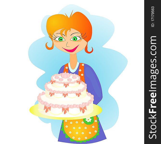 Young pretty woman with apron and big holiday cake. Young pretty woman with apron and big holiday cake