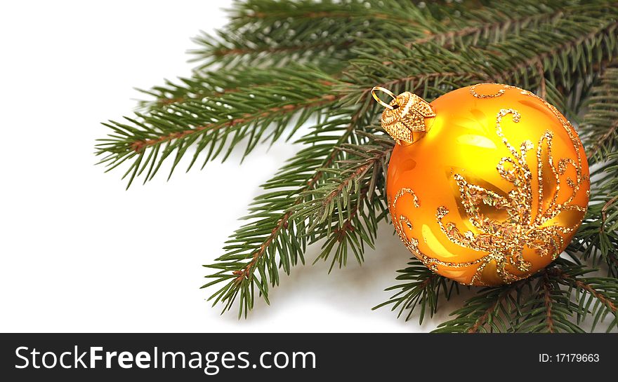 Christmas balls with branch firtree on white background. Christmas balls with branch firtree on white background