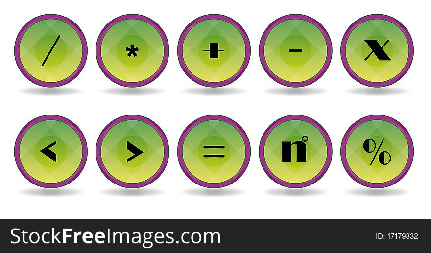 Set green symbol icon with violet border. Set green symbol icon with violet border