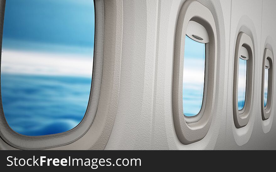 Airplane windows looking through the clouds. 3D illustration