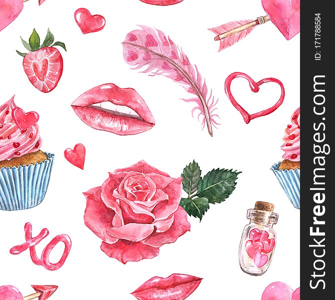 alentines day themed seamless pattern. Watercolor hand painted red and pink lips, rose, feather, cake, hearts, strawberry