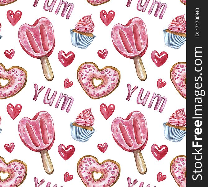 Watercolor Seamless Pattern For Valentines Day. Illustration Of Sweets And Holiday Dessert, Isolated On White Background.