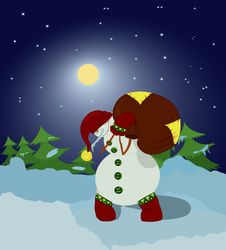 Snowman With Gift Bag In The Night Stock Image