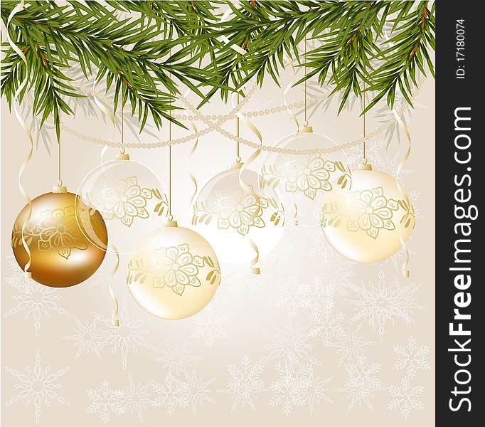 Gold end white transparent Christmas ball on Christmas background, vector illustration