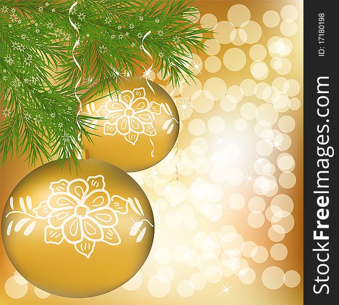 Vector Christmas ball with green new year tree on abstract golden lights background