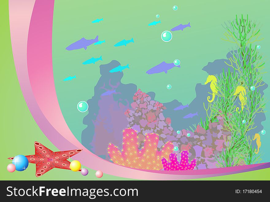 Coral reef, sea plants and starfish as a marine background. Coral reef, sea plants and starfish as a marine background