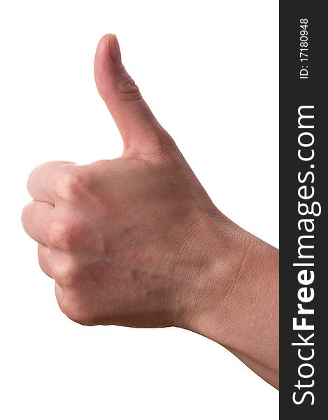 Thumb up gesturing hand macro shot isolated over white background