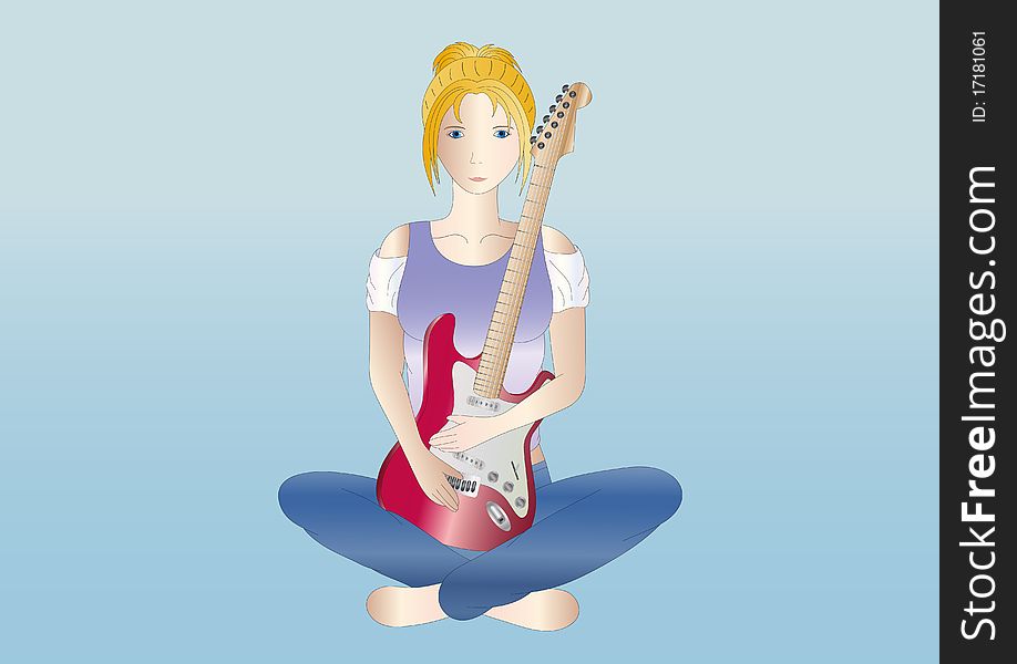 Illustration of a young blonde woman with electric guitar. Illustration of a young blonde woman with electric guitar