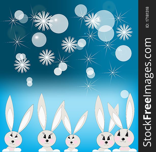 Grey rabbits look at snowflakes, bubbles and stars. Grey rabbits look at snowflakes, bubbles and stars