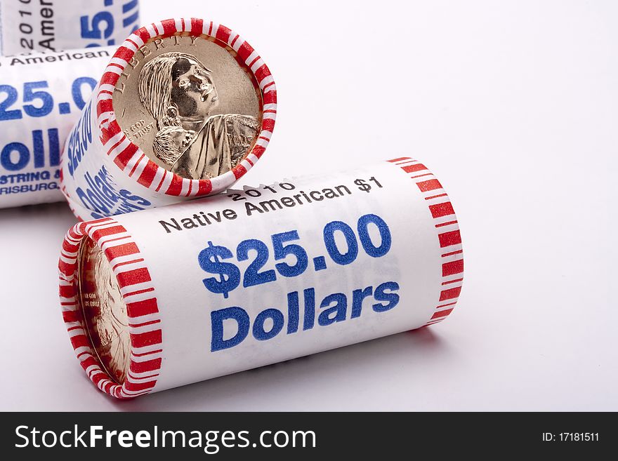 American Metal dollars packed in paper tubes for twenty-five dollars.