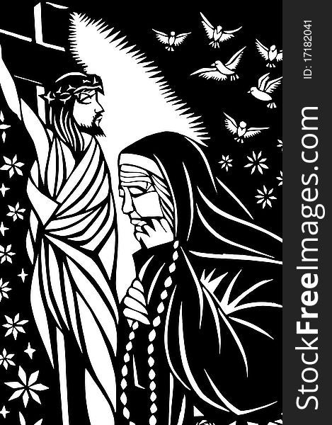 Paper-cutting of Jesus with a sister in black-and-white