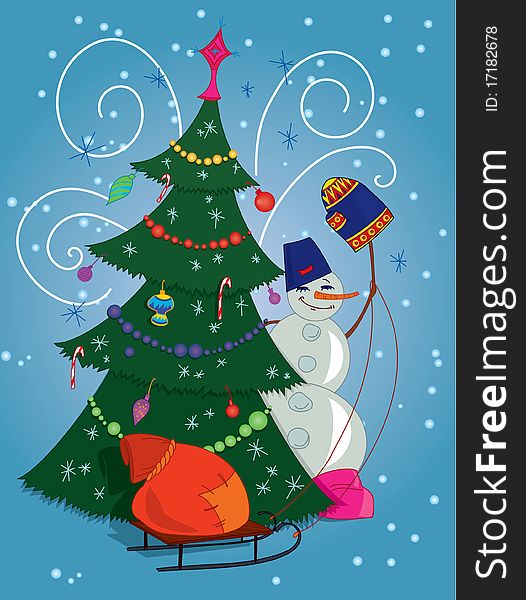 Snowman with gift bag and Christmas tree