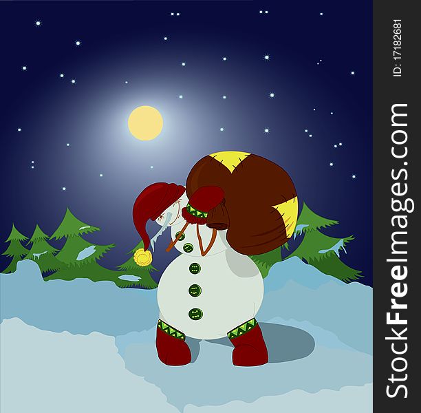 Snowman with gift bag in the night