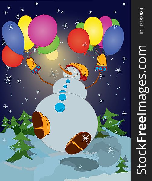 Snowman with colorful balloons