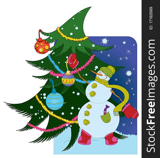 Snowman with ball and Christmas tree