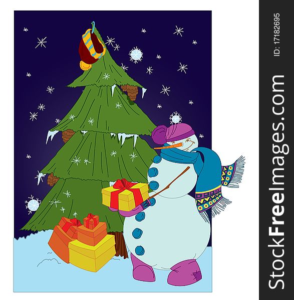 Snowman With Presents And Christmas Tree