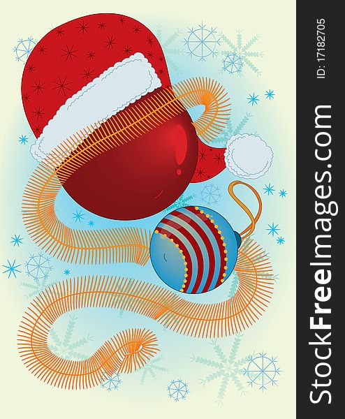 Christmas balls and Santa Claus hat on snowflake background