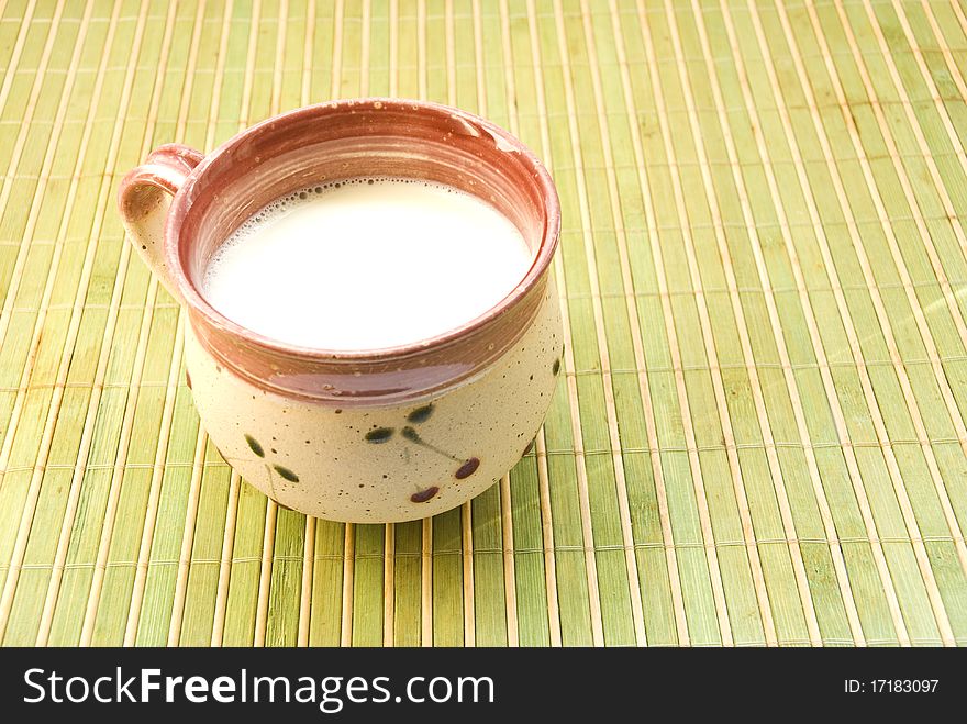 A cup of milk on the green mat