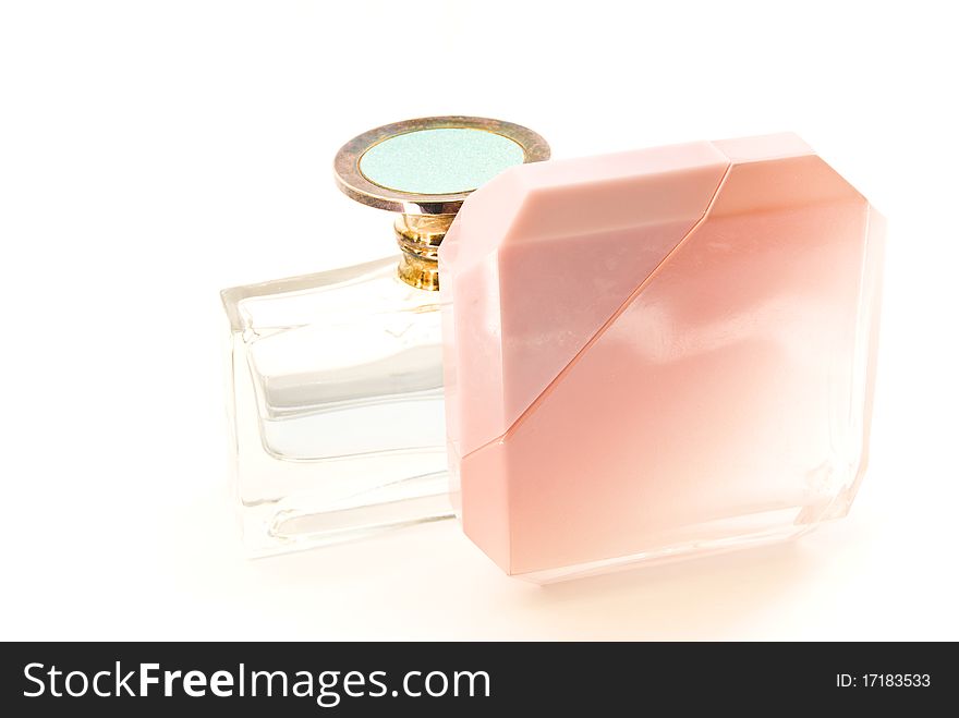 Two bottles of perfume on a white background