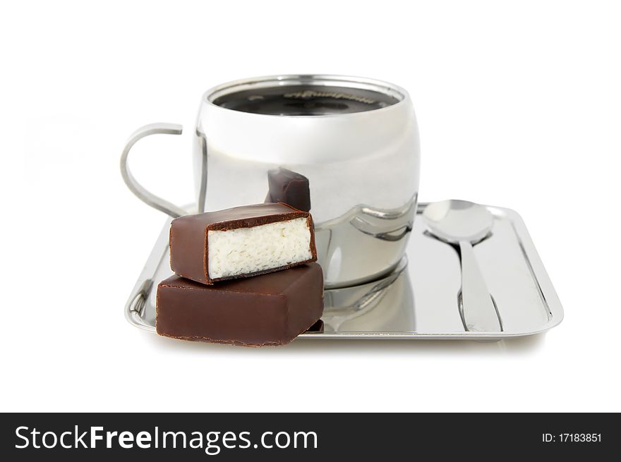 Souffle in a dark chocolate with cup of coffee. Isolated over white background. Souffle in a dark chocolate with cup of coffee. Isolated over white background.