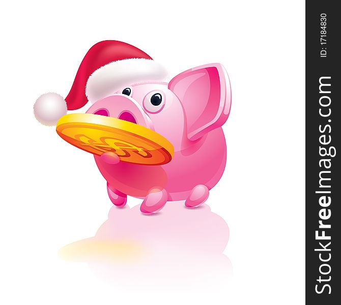 Christmas  piggy bank with a coin. Christmas  piggy bank with a coin