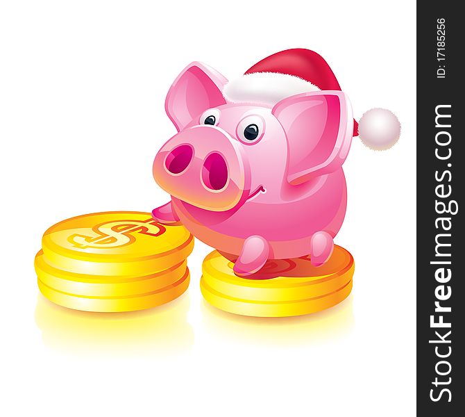 Christmas piggy bank guard on coins. Christmas piggy bank guard on coins