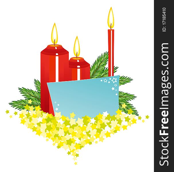 Red Christmas candles and card decorated with pine branches and stars. AI10. Red Christmas candles and card decorated with pine branches and stars. AI10