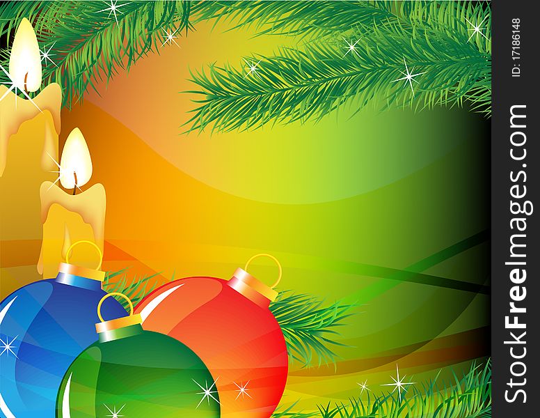 Burning candles and Christmas decorations on the background of fir branches. Burning candles and Christmas decorations on the background of fir branches