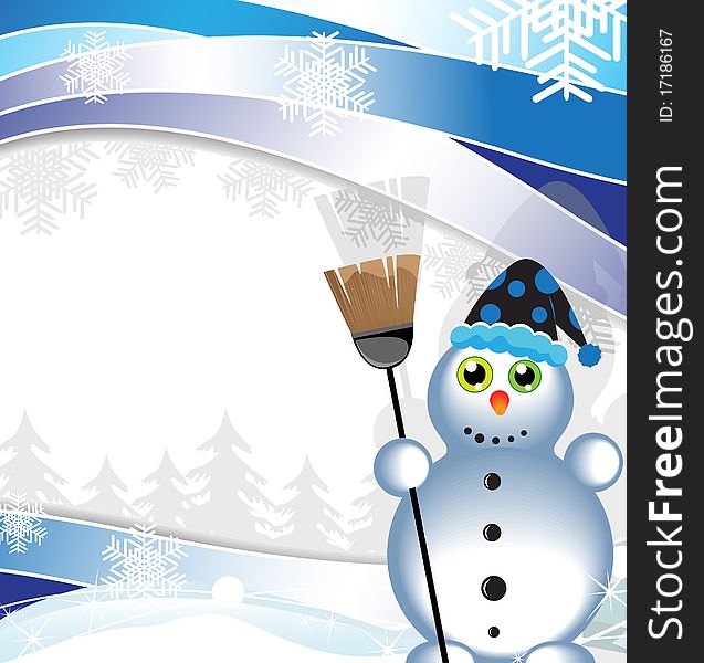 Silly snowman with a broom on a winter background. Silly snowman with a broom on a winter background