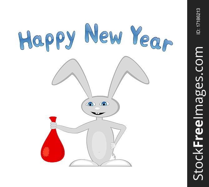 Vector illustration of cartoon bunny with presents and Happy New Year title