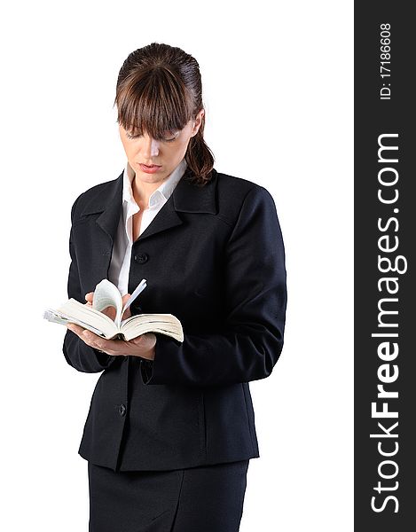 Business woman reading a book on white background. Business woman reading a book on white background