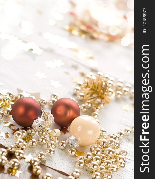 Christmas  baubles on defocused lights background. Christmas  baubles on defocused lights background