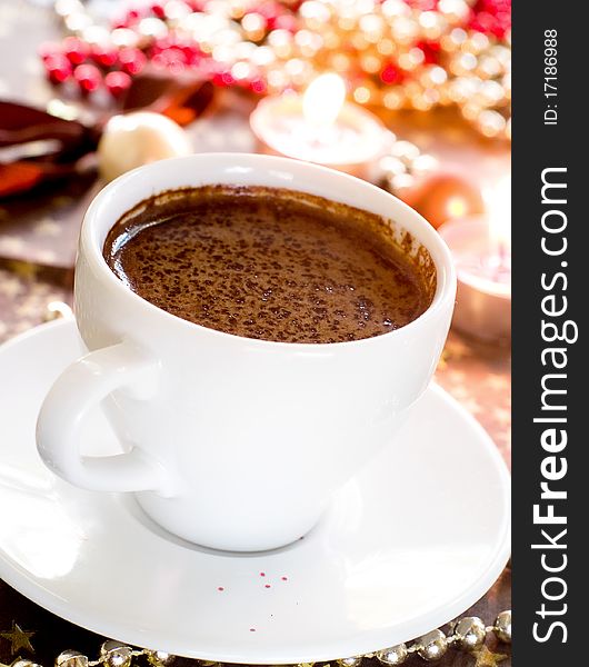 Closeup view of cup of coffee with chocolate