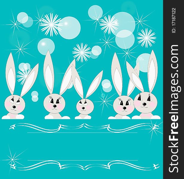 Background with gray rabbits, snowflakes and soap bubbles