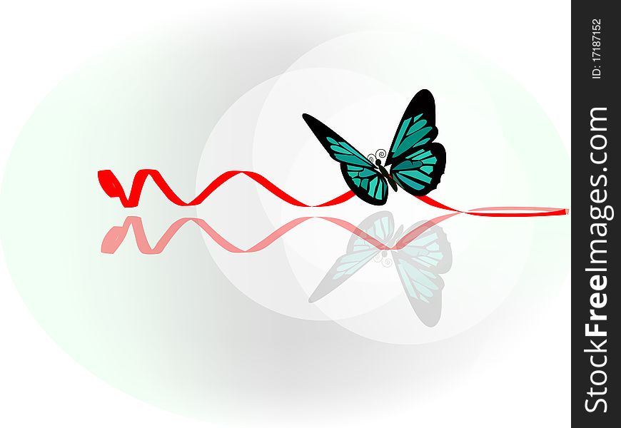 The red ribbon on which sits the butterfly. The red ribbon on which sits the butterfly