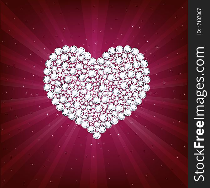 Heart From Brilliants, On Crimson Background With Beams And Stars. Vector Illustration. Heart From Brilliants, On Crimson Background With Beams And Stars. Vector Illustration
