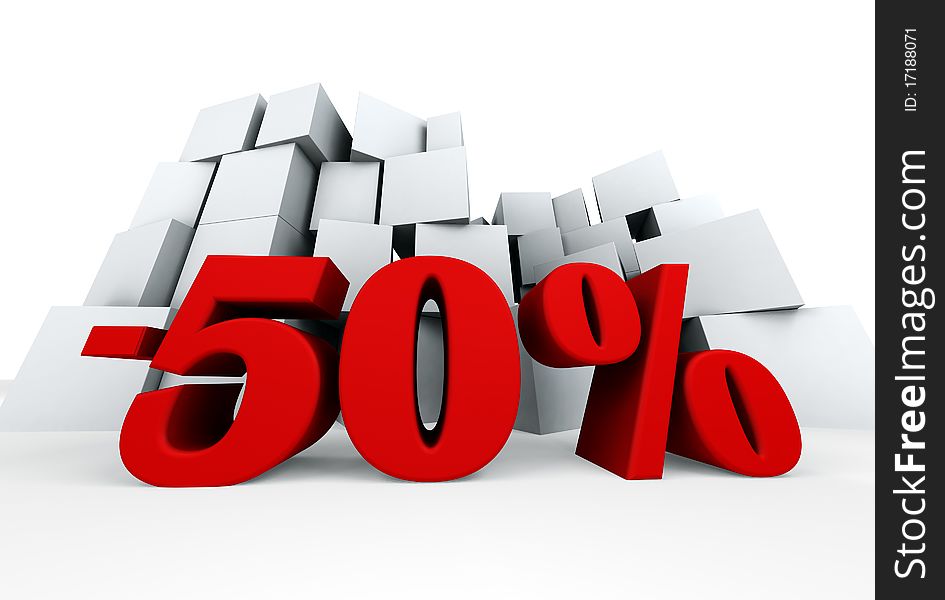 3d image of Fifty percent and several box isolated in white. 3d image of Fifty percent and several box isolated in white