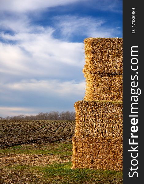 A harvested farmer's field with a tidy stack of square bales of hay, closeup. A harvested farmer's field with a tidy stack of square bales of hay, closeup