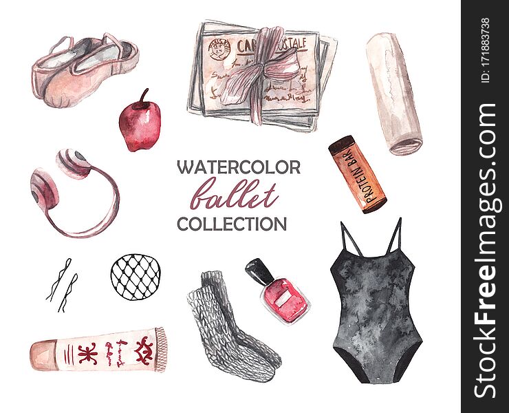Ballet watercolor collection. Pointe shoes, ballerina cosmetics, healthy snack. Watercolor illustration on white isolated background. Ballet watercolor collection. Pointe shoes, ballerina cosmetics, healthy snack. Watercolor illustration on white isolated background
