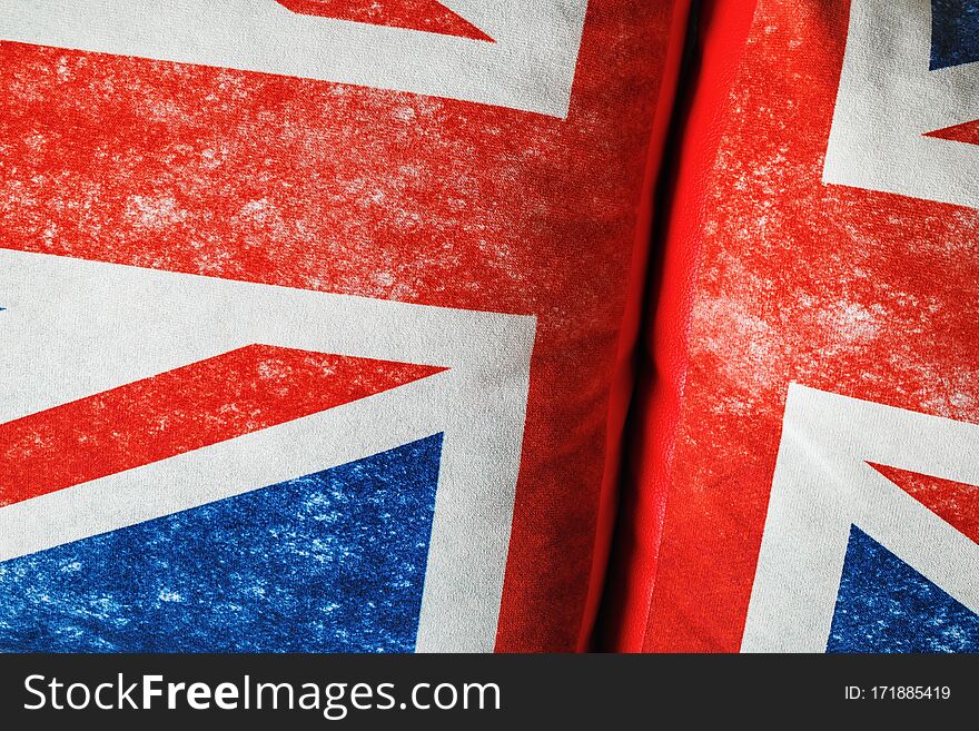 British flag background. Union Jack. Closeup of Great Britain texture on pillows