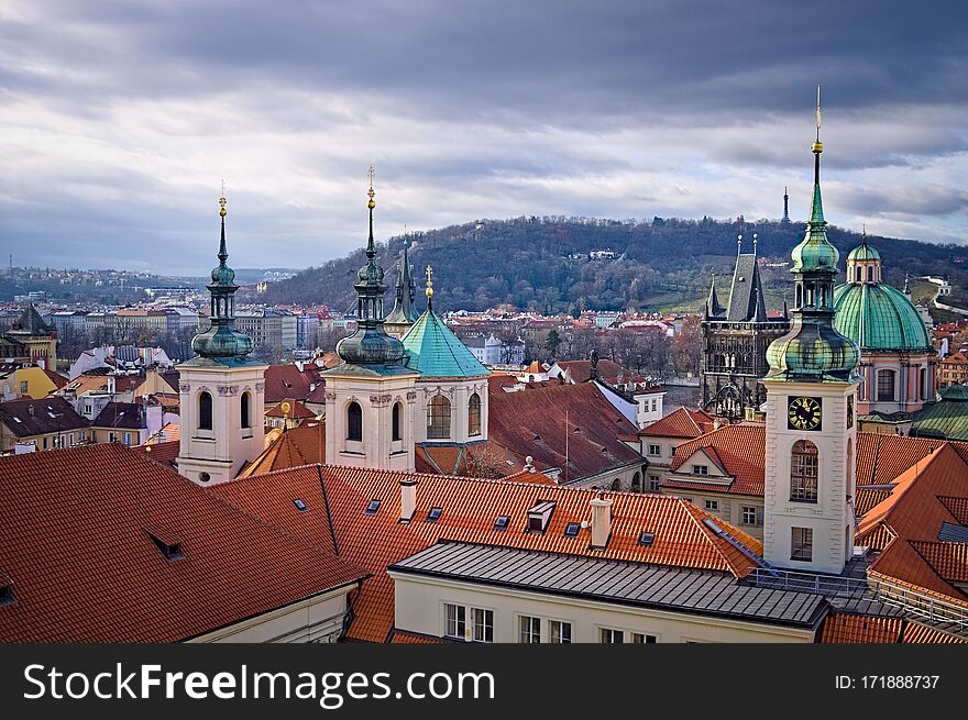 Panoramic view of the towers and spires of the historical buildings of Prague Czech Republic, Europe