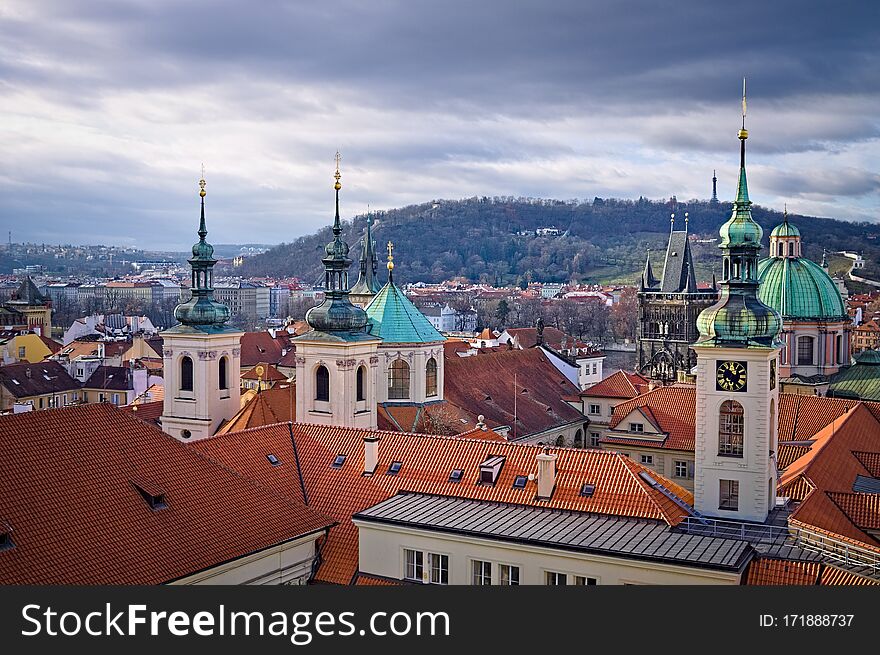 Panoramic View Of The Towers And Spires Of The Historical Buildings Of Prague Czech Republic