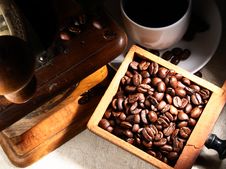 Cup Of Espresso Coffee, Old Grinder And Beans Stock Photo Cup Of Espresso Coffee, Old Grinder And Beans Stock Photo