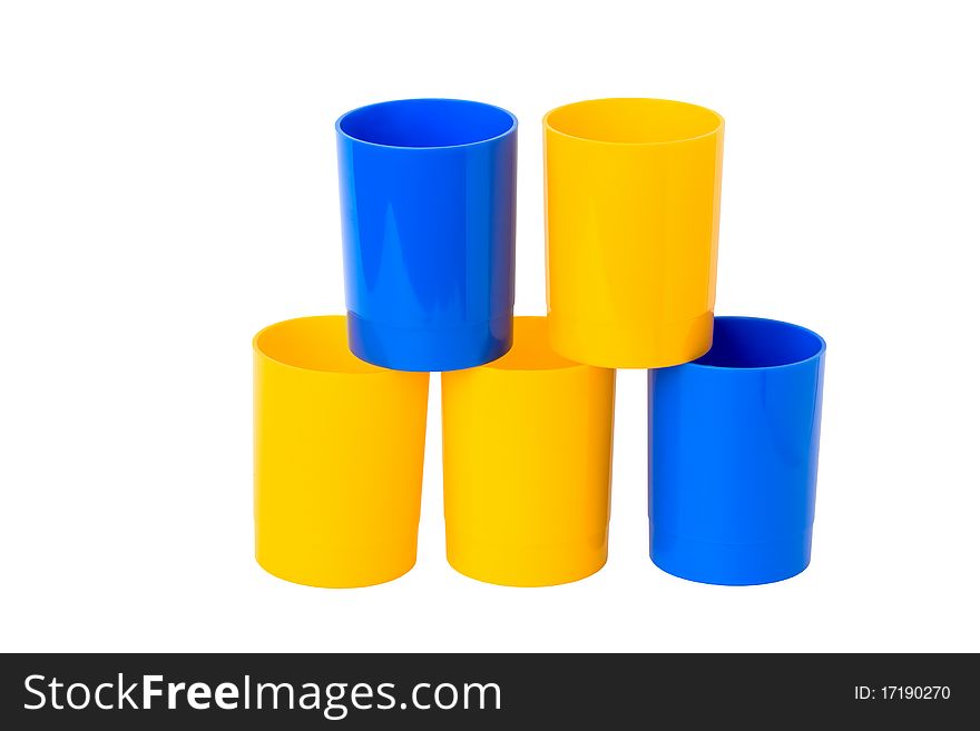 Five colored plastic cups, isolated on a white background.