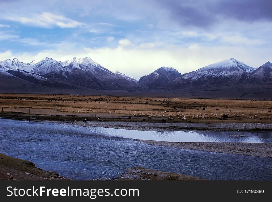 Landscape of snow mountains and river in Tibet. Landscape of snow mountains and river in Tibet