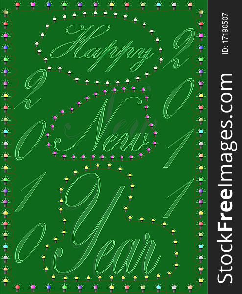 Happy New Year, on a green background in a frame of light bulbs. Happy New Year, on a green background in a frame of light bulbs.